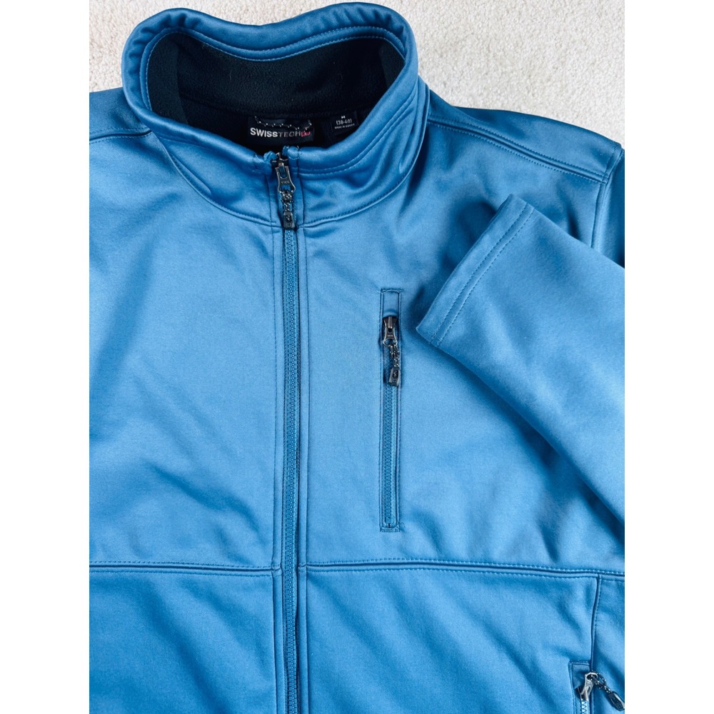 Swiss Tech Mens Softshell Jacket Blue Fleece Lined Full Zip Mock Neck Medium